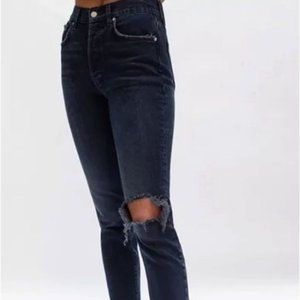 Free People Black Button Fly Distressed Skinny High Rise Denim Jeans Edgy Boho